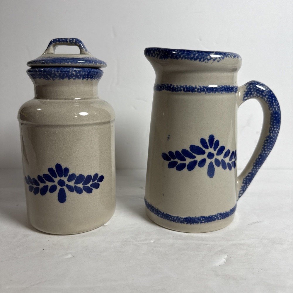 Vintage Miniature‎ Spongeware Beige/Blue 6.5in Pitcher And Milk Can LOOMCO Set